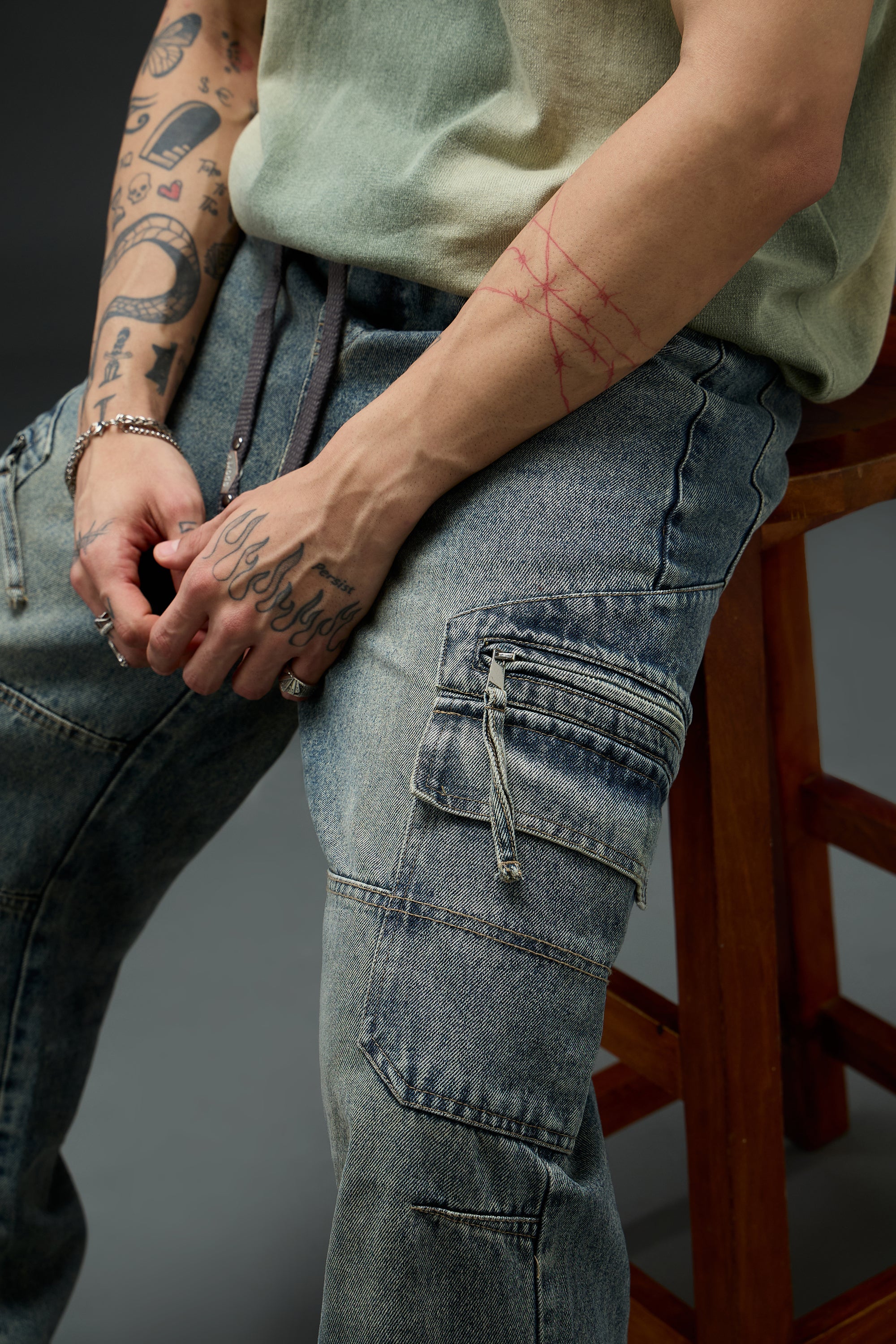 Grunge Wash Cargo Denim