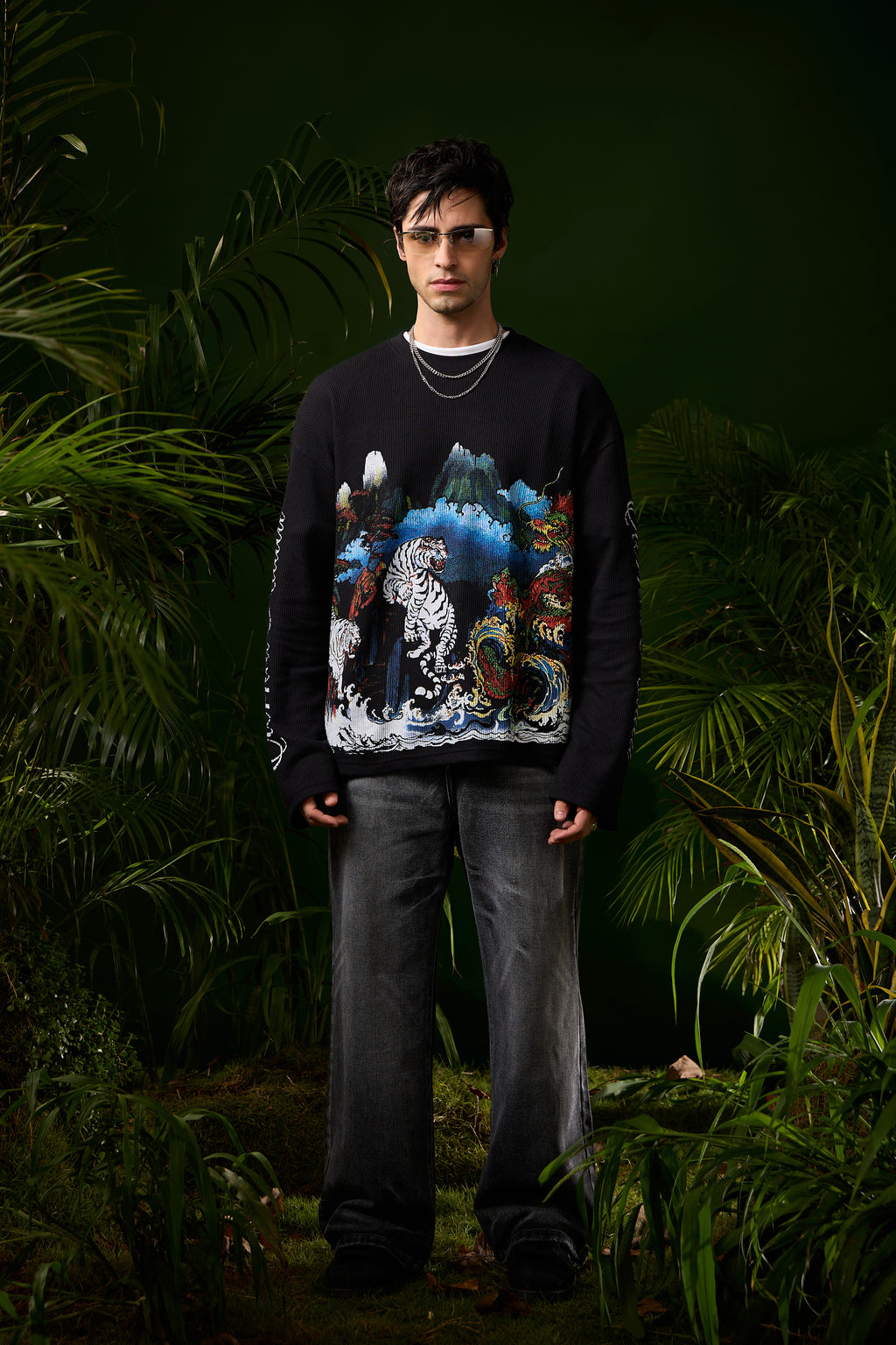 Black Tiger Full Sleeves Cropped Waffle Tee