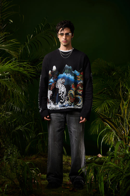 Black Tiger Full Sleeves Cropped Waffle Tee