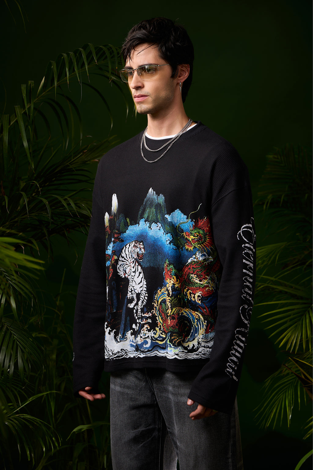 Black Tiger Full Sleeves Cropped Waffle Tee