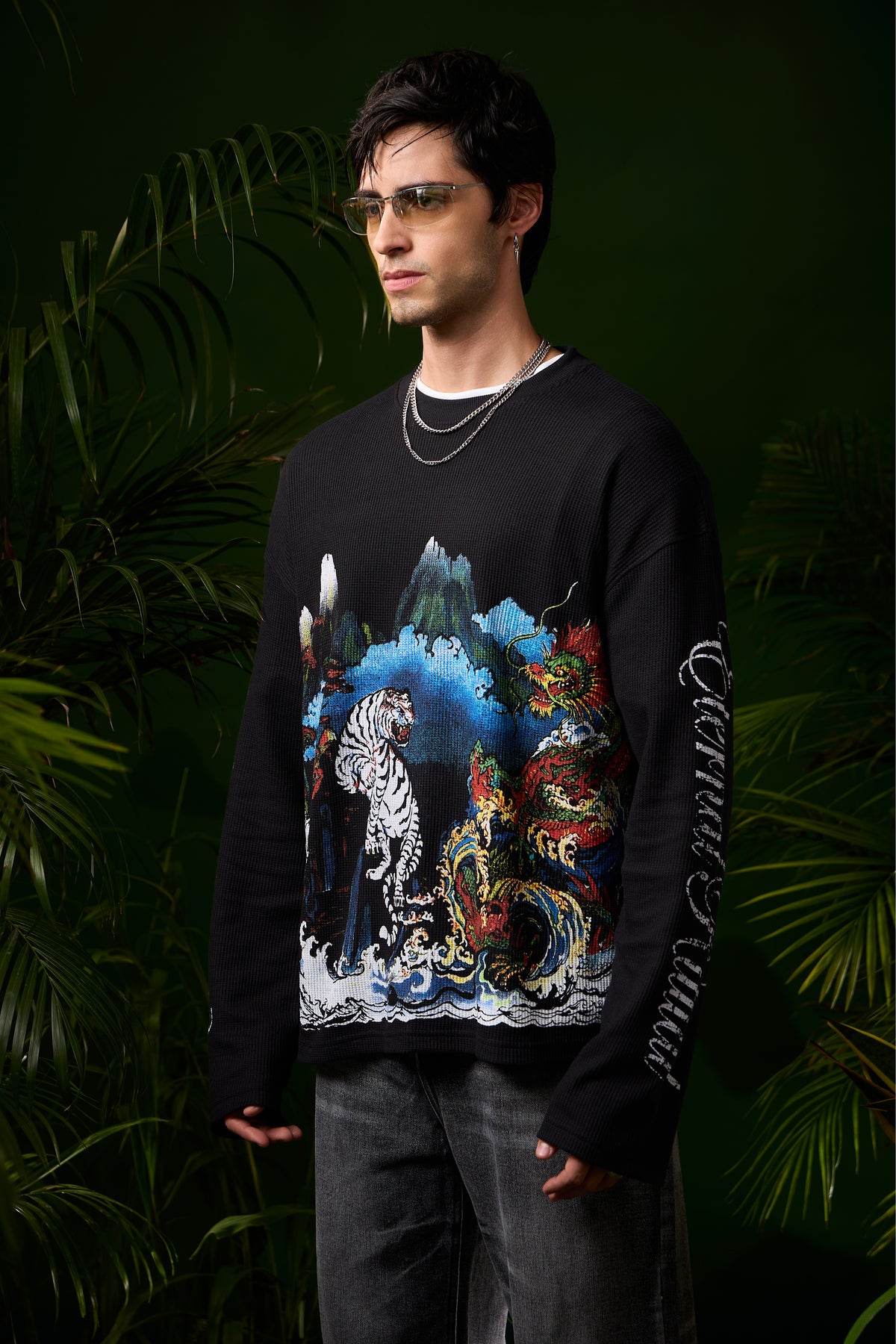 Black Tiger Full Sleeves Cropped Waffle Tee