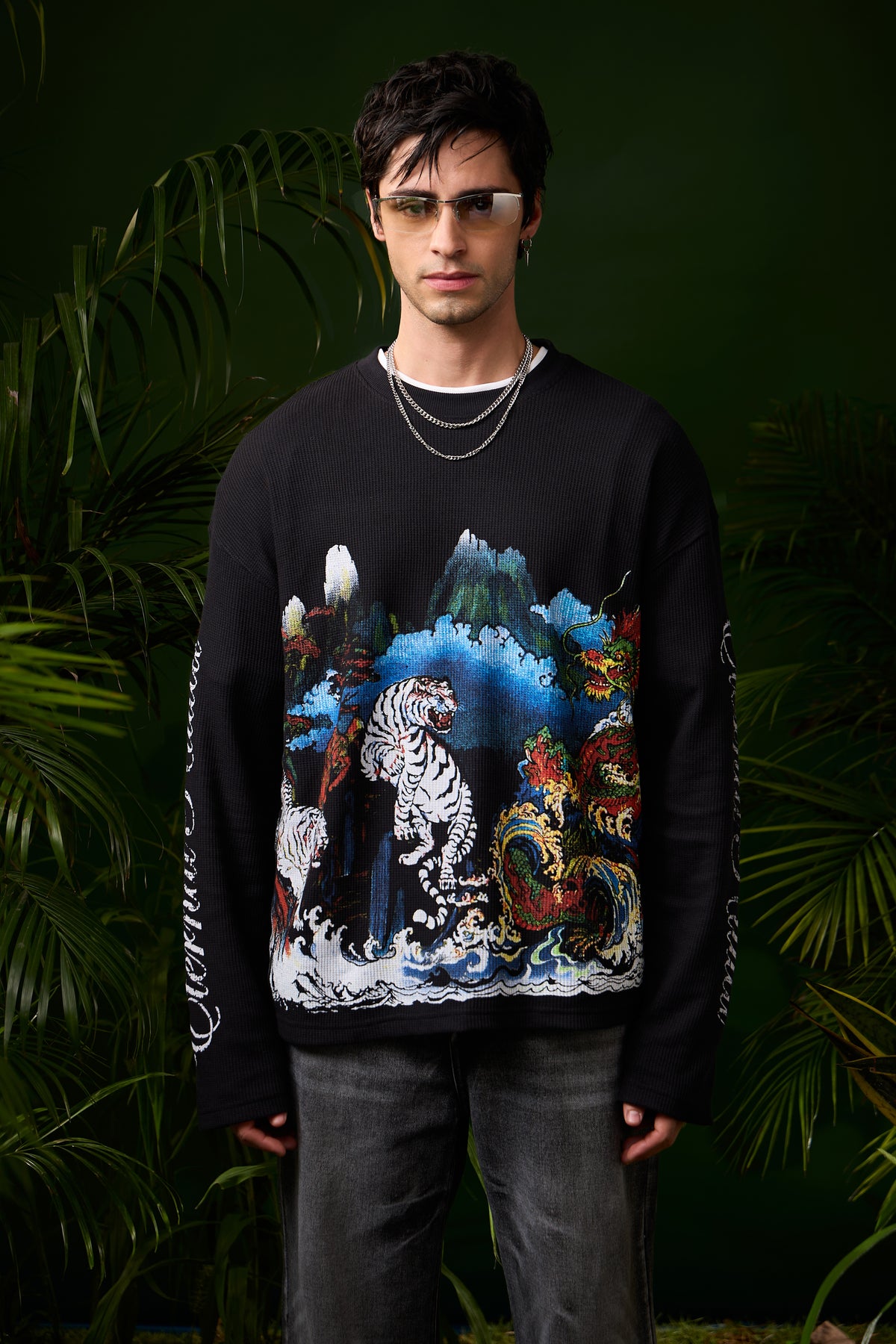 Black Tiger Full Sleeves Cropped Waffle Tee